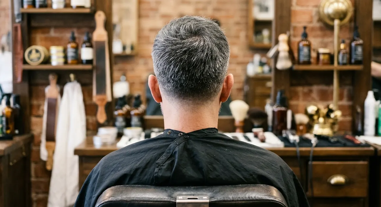 Low Fade haircut, rear view - a low fade starting just above the neckline, keeping more length through the back and sides. Inspiration at BARBER O1NE.