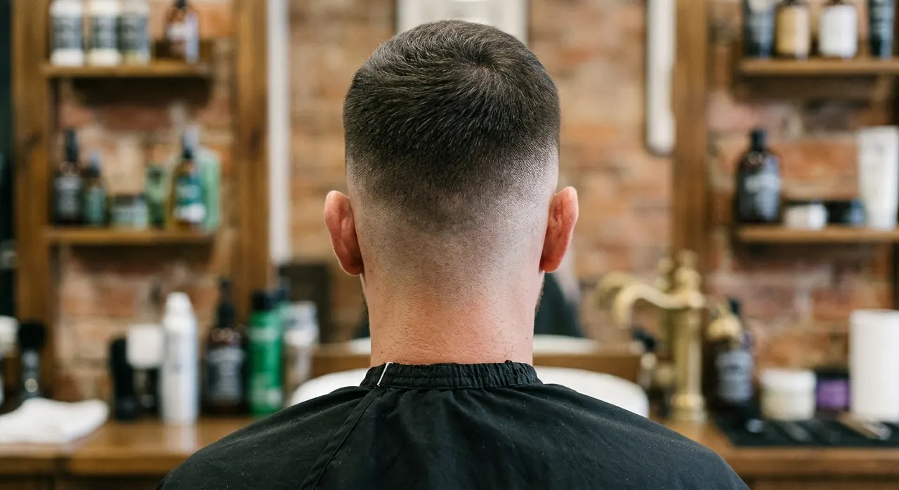 High Fade haircut, rear view - a high fade taken tight almost to the crown, with a short neat top. Inspiration at BARBER O1NE.