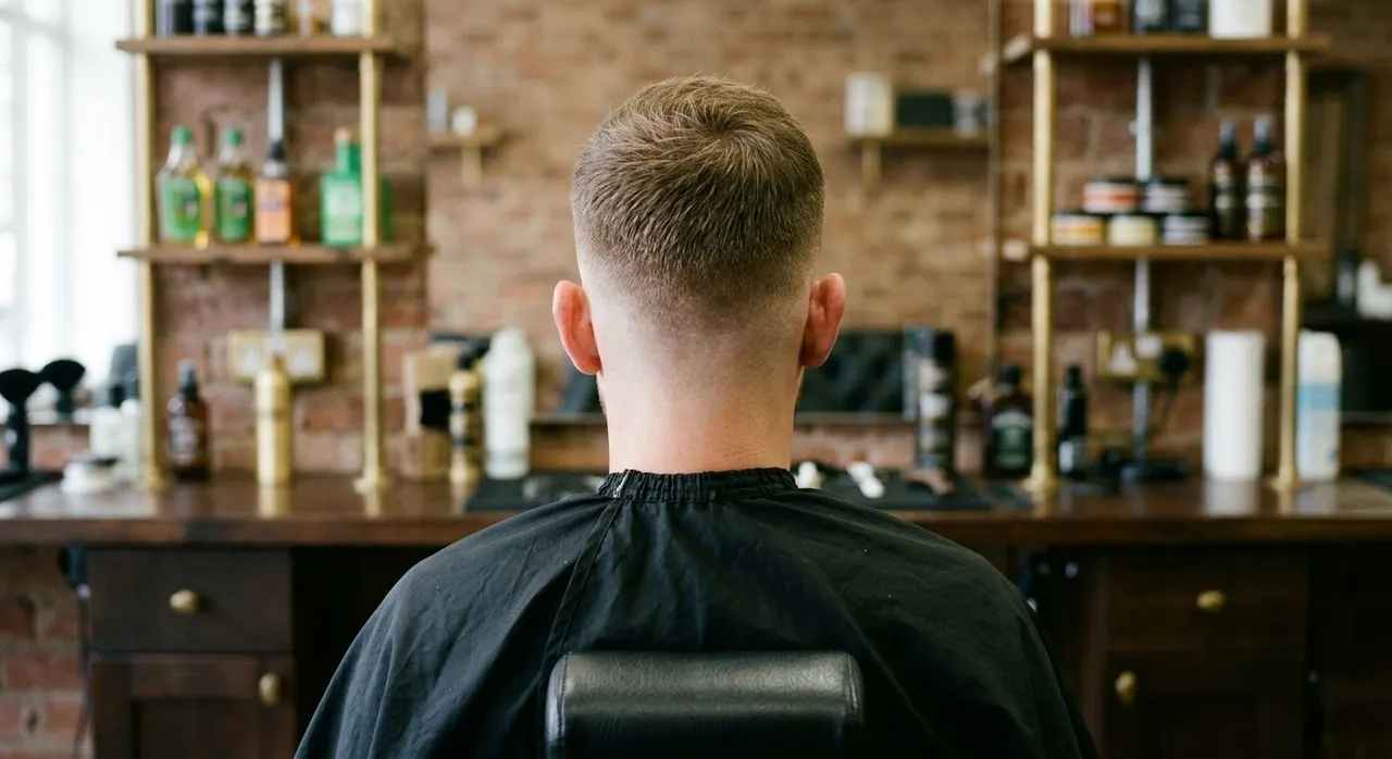 Mid Fade haircut, rear view - a mid fade starting halfway up the back and sides, blending into a short textured top. Inspiration at BARBER O1NE.