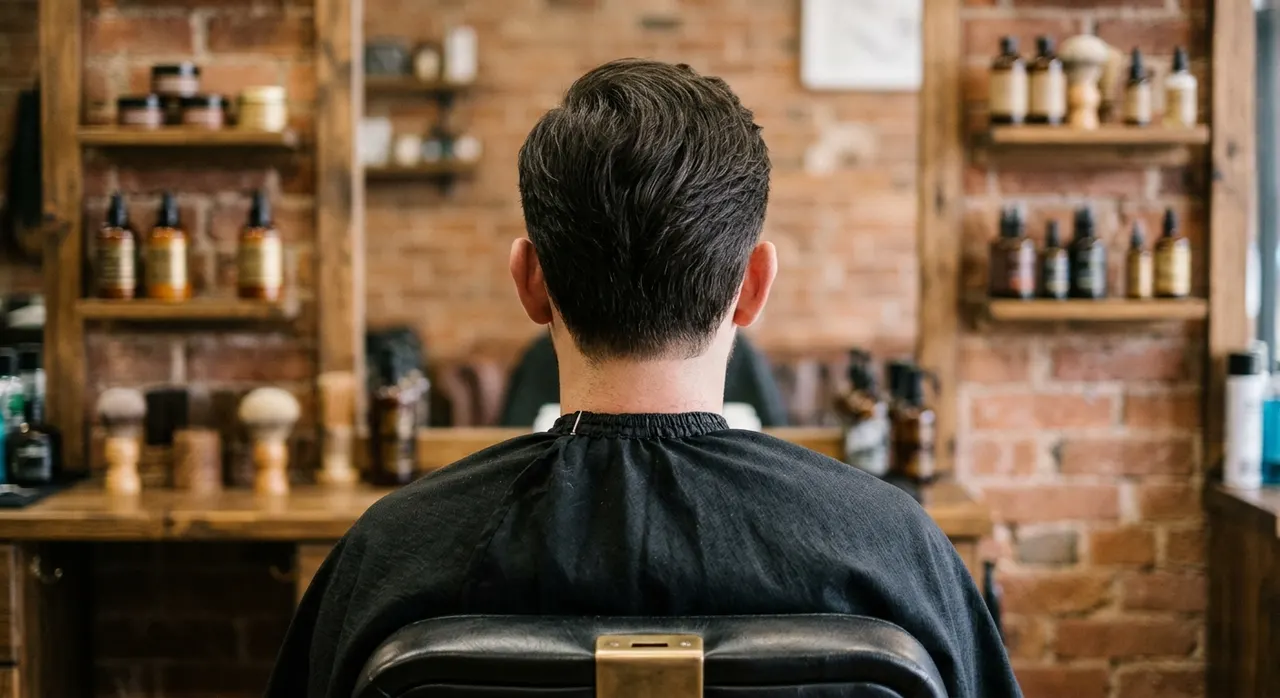 Scissor Cut haircut, rear view - a fully scissor-cut men's style with soft natural layers and a hand-finished nape. Inspiration at BARBER O1NE.