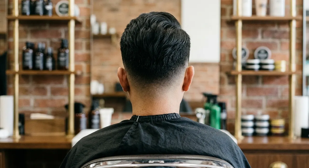Modern Men's Hairstyle haircut, rear view - a modern men's hairstyle with a soft fade and a longer, styled, voluminous top. Inspiration at BARBER O1NE.