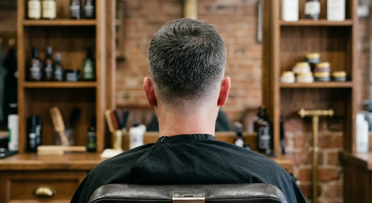 Professional Barber Style haircut, rear view - a sharp precision cut with a crisp razor-finished neckline and clean outline. Inspiration at BARBER O1NE.