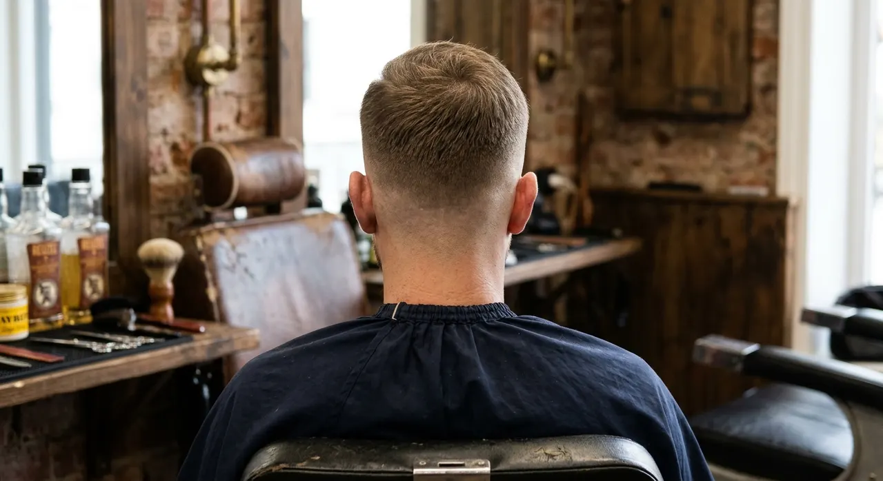 High Fade haircut, rear view - a high fade taken tight almost to the crown, with a short neat top. Inspiration at BARBER O1NE.