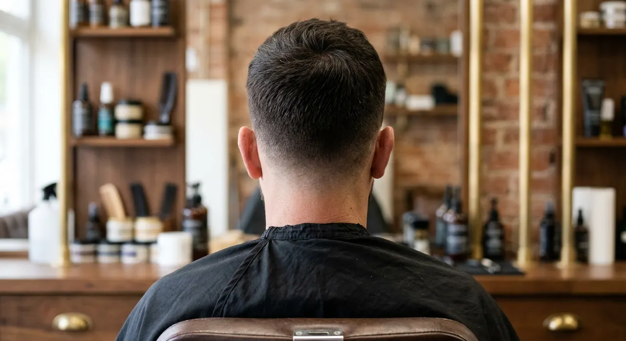 Drop Fade haircut, rear view - a drop fade whose line drops down behind the ear towards the nape in a smooth arc. Inspiration at BARBER O1NE.