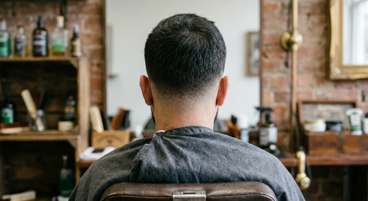 Drop Fade haircut, rear view - a drop fade whose line drops down behind the ear towards the nape in a smooth arc. Inspiration at BARBER O1NE.