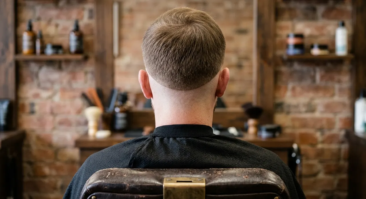 Drop Fade haircut, rear view - a drop fade whose line drops down behind the ear towards the nape in a smooth arc. Inspiration at BARBER O1NE.