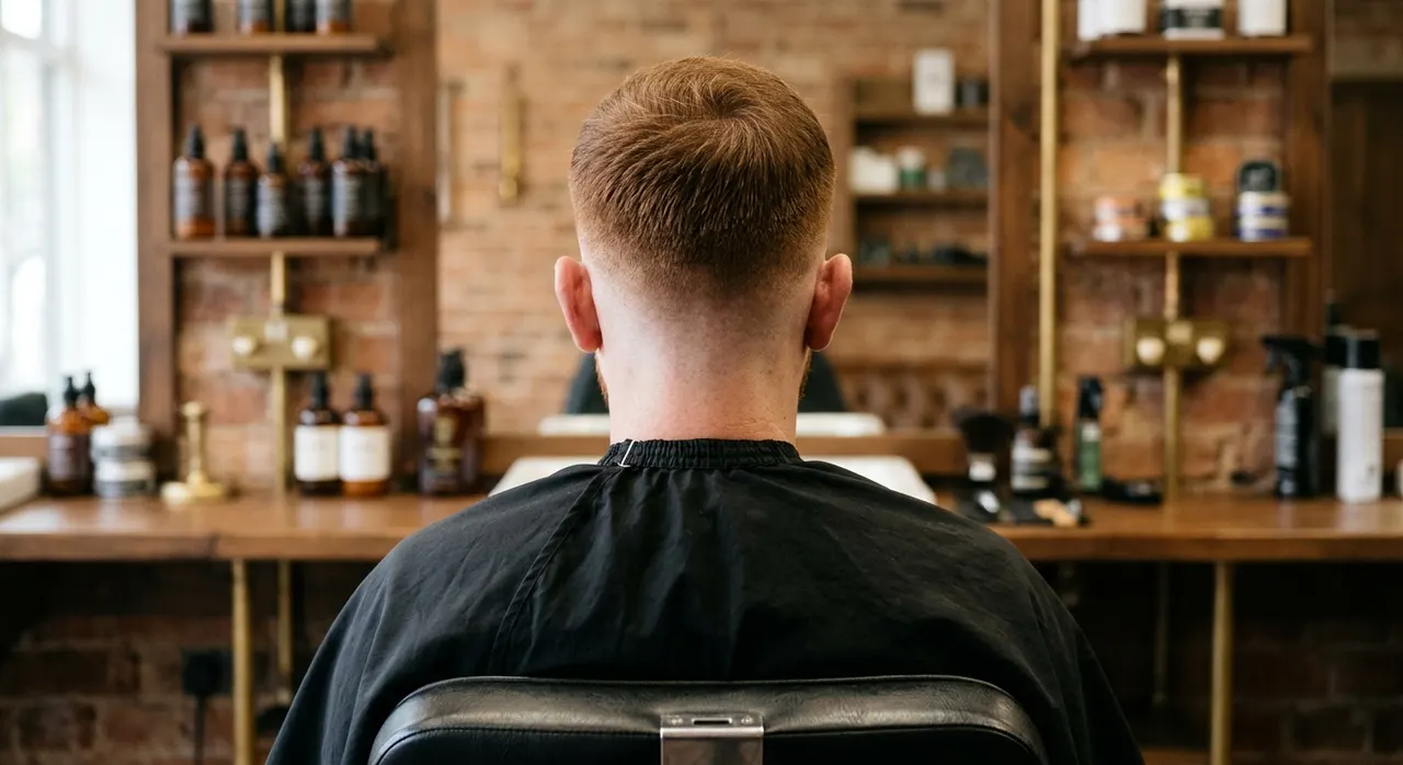 Low Fade haircut, rear view - a low fade starting just above the neckline, keeping more length through the back and sides. Inspiration at BARBER O1NE.