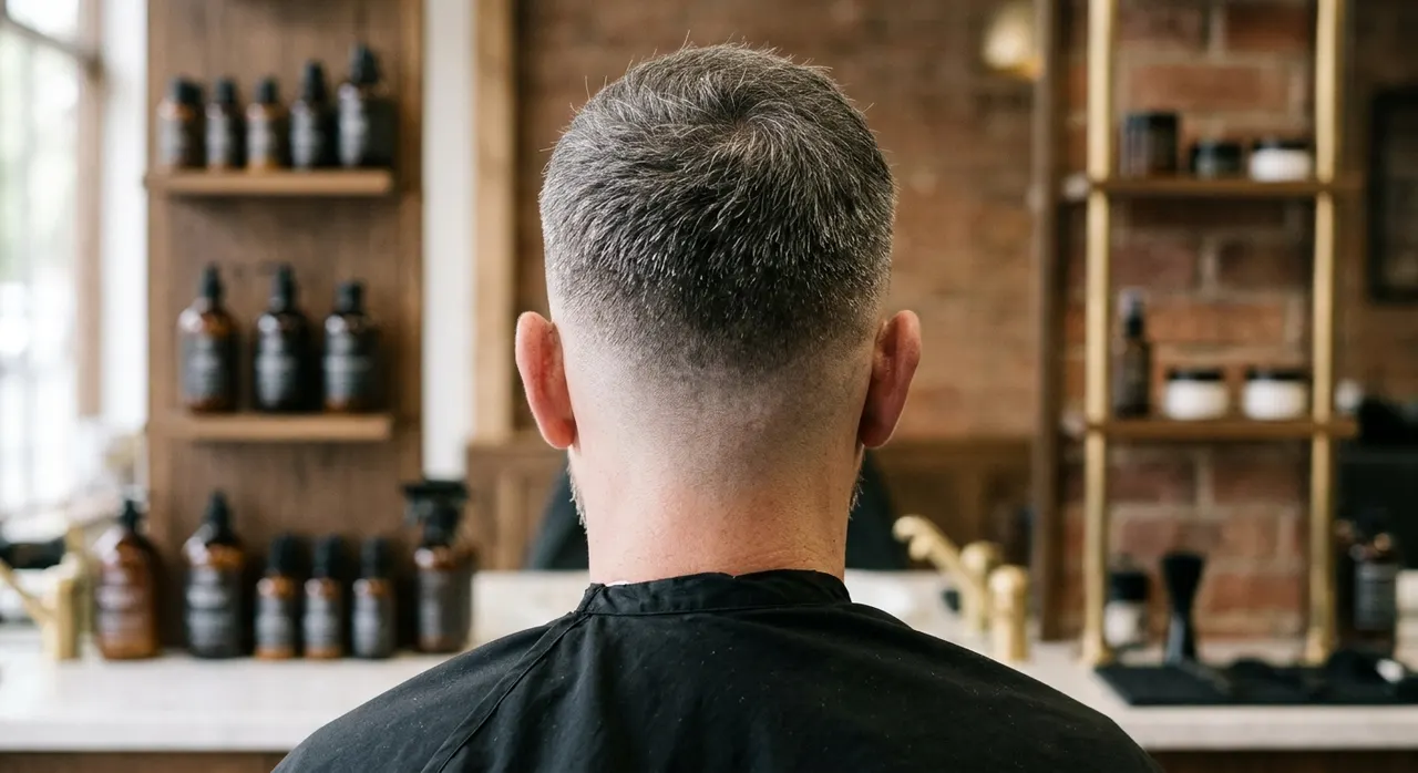 Skin Fade haircut, rear view - a bald skin fade that blends from bare skin at the nape up to short textured hair on top. Inspiration at BARBER O1NE.