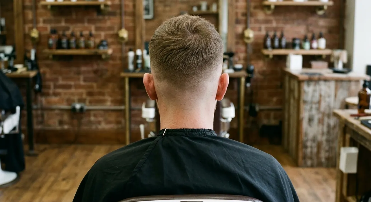 Mid Fade haircut, rear view - a mid fade starting halfway up the back and sides, blending into a short textured top. Inspiration at BARBER O1NE.